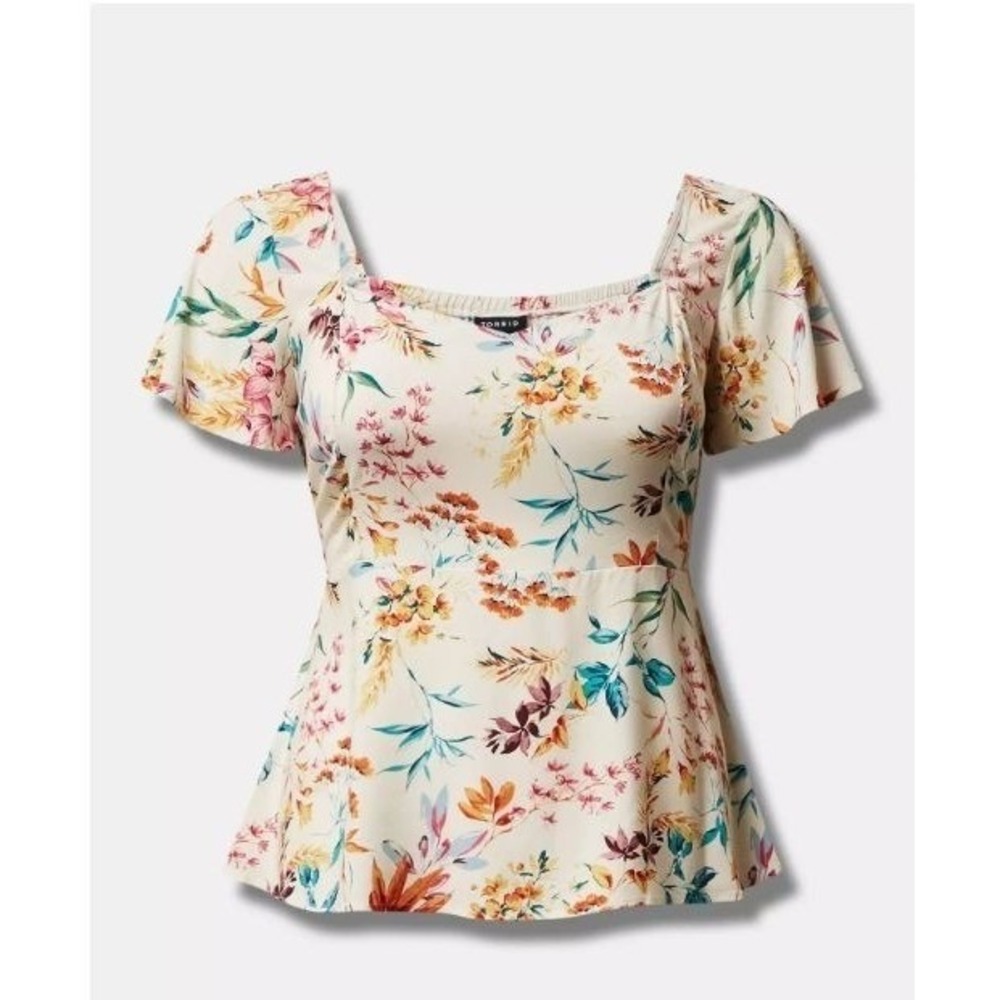 Torrid Women Floral Babydoll Peplum Top Square Neck Flutter Sleeve Size 2 2X